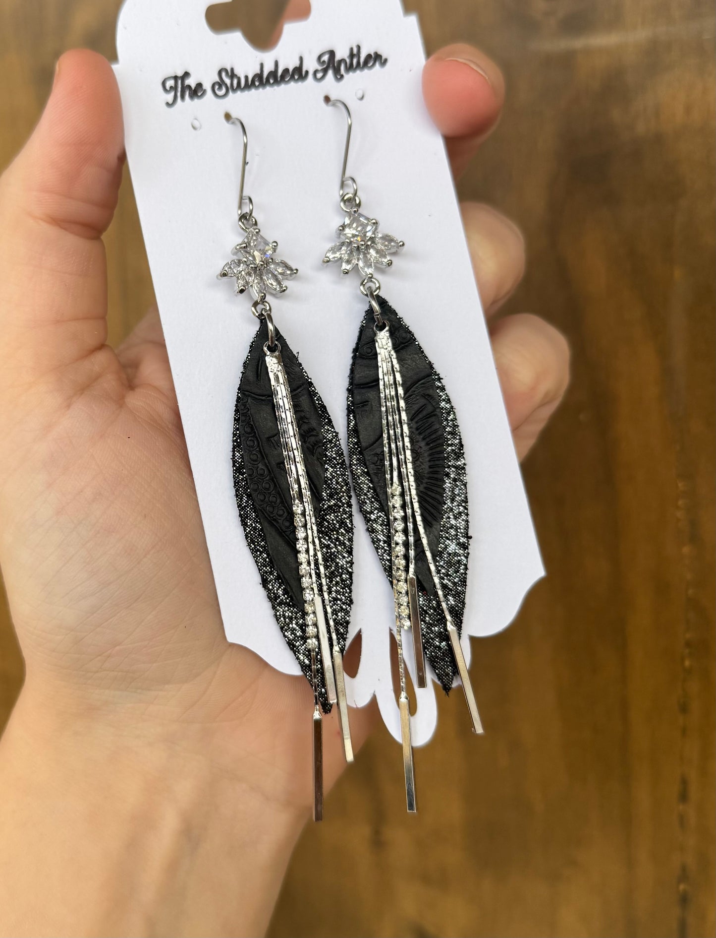 Black Sparkle Handmade Hypoallergenic Leather Earrings with Silver Bar Dangles