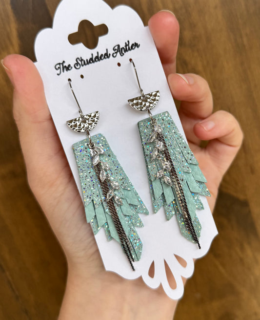 Womens Boho Style Leather Earrings - Fringe Feather Leather Earrings - Mint Blue Sparkle