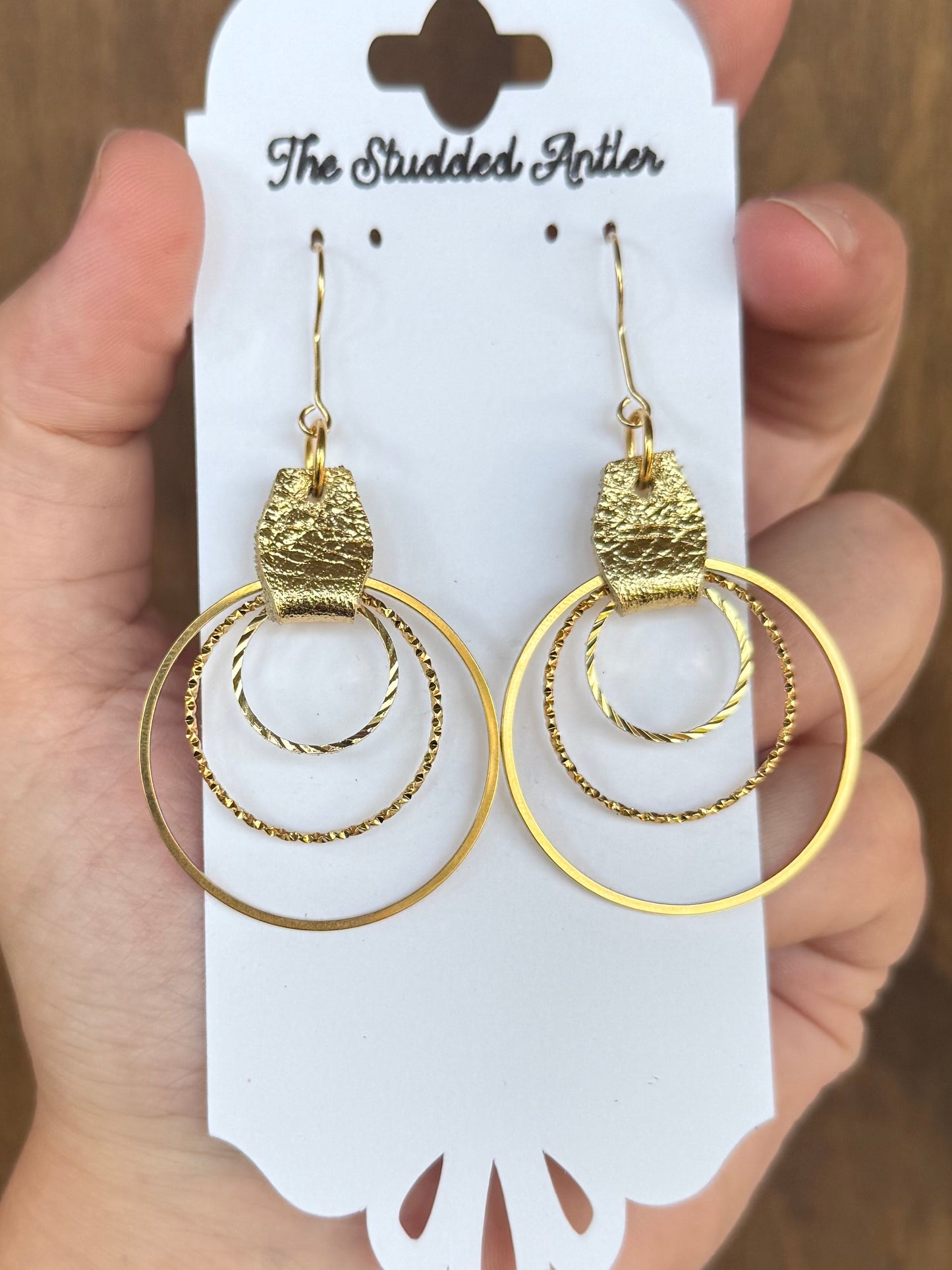 Hypoallergenic Leather Earrings Gold Metallic with 3 Gold Metal Hoops