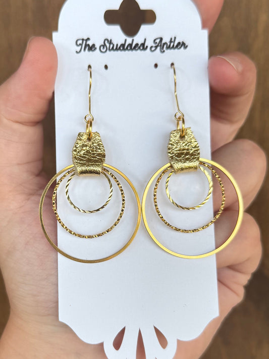Hypoallergenic Leather Earrings Gold Metallic with 3 Gold Metal Hoops