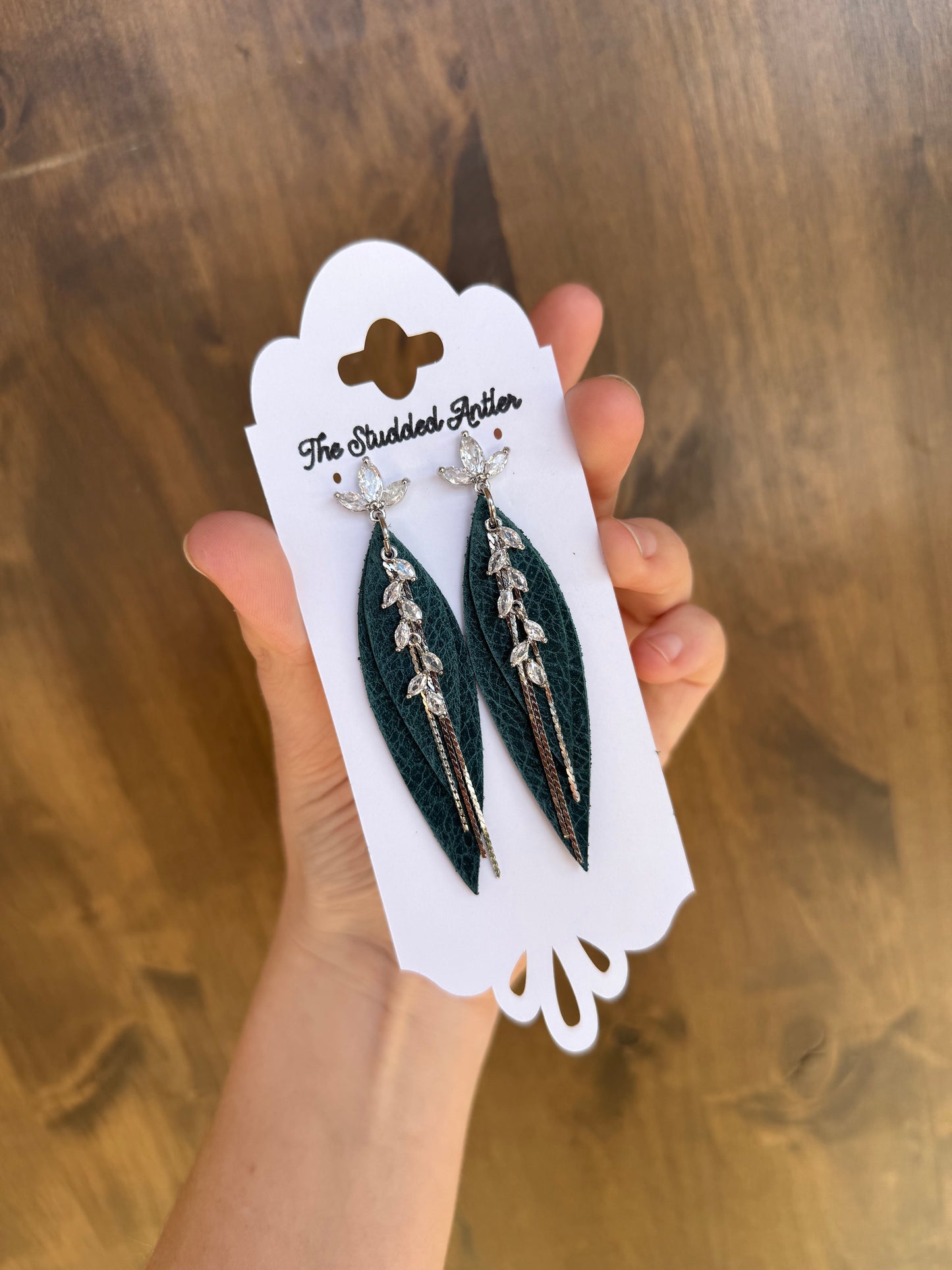 Teardrop Genuine Leather Earrings - Dark Teal and Silver