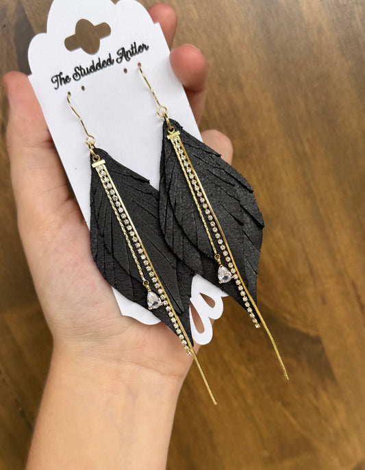 Black leather earrings with gold - Handmade Hypoallergenic Leather Earrings with gold rhinestone tassels