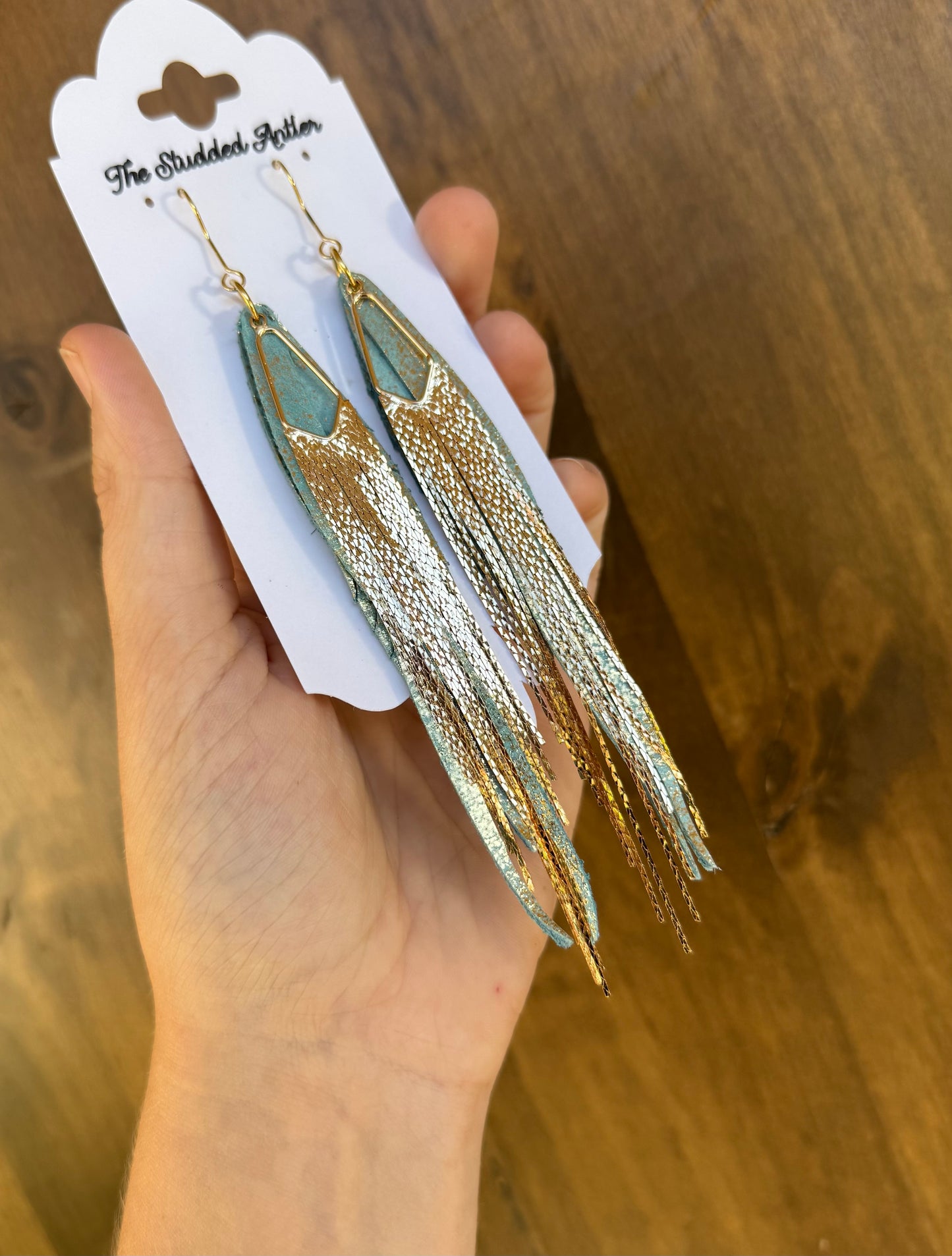 Blue and gold shimmer with gold waterfall tassels -hypoallergenic handmade leather feather Earrings