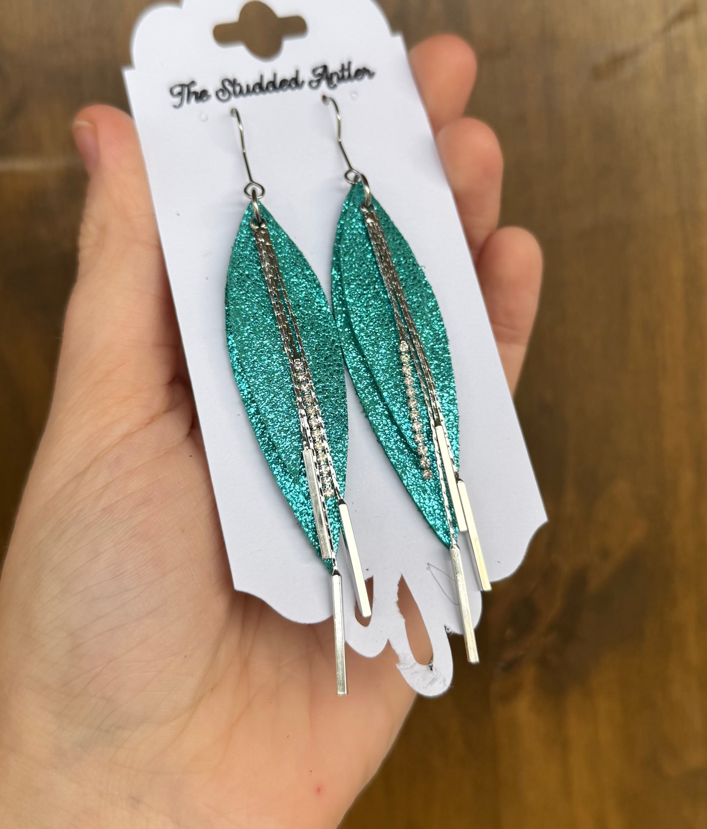 Blue Turqouise Handmade Hypoallergenic Leather Earrings with Silver Bar Dangles