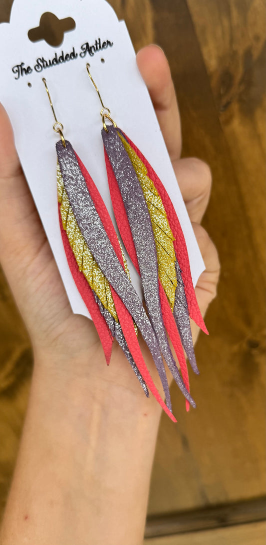 Purple Yellow and Pink Handmade Hypoallergenic Leather feather Earrings