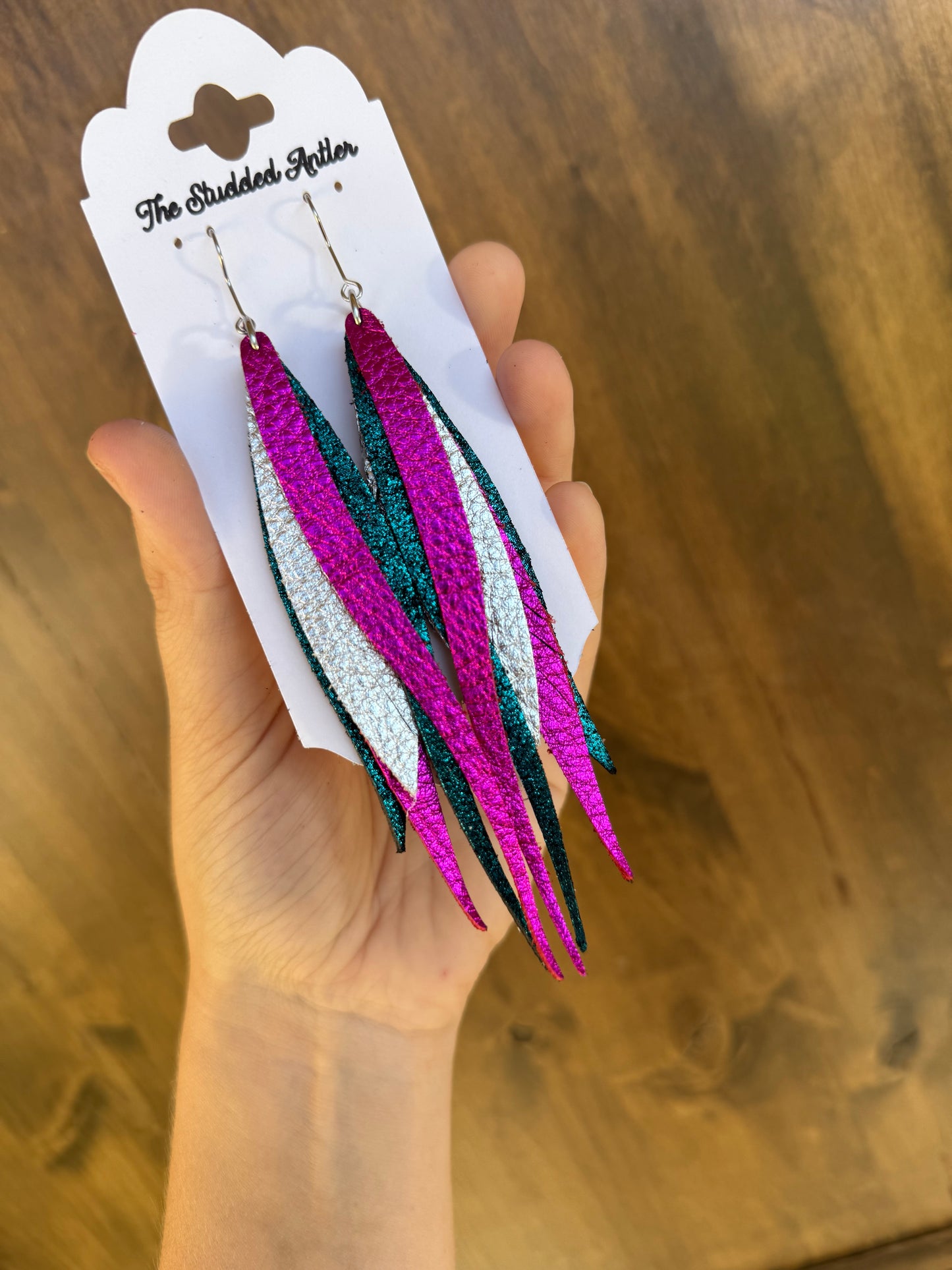 Dark teal shimmer, Hot pink and Silver Handmade Hypoallergenic Leather feather Earrings