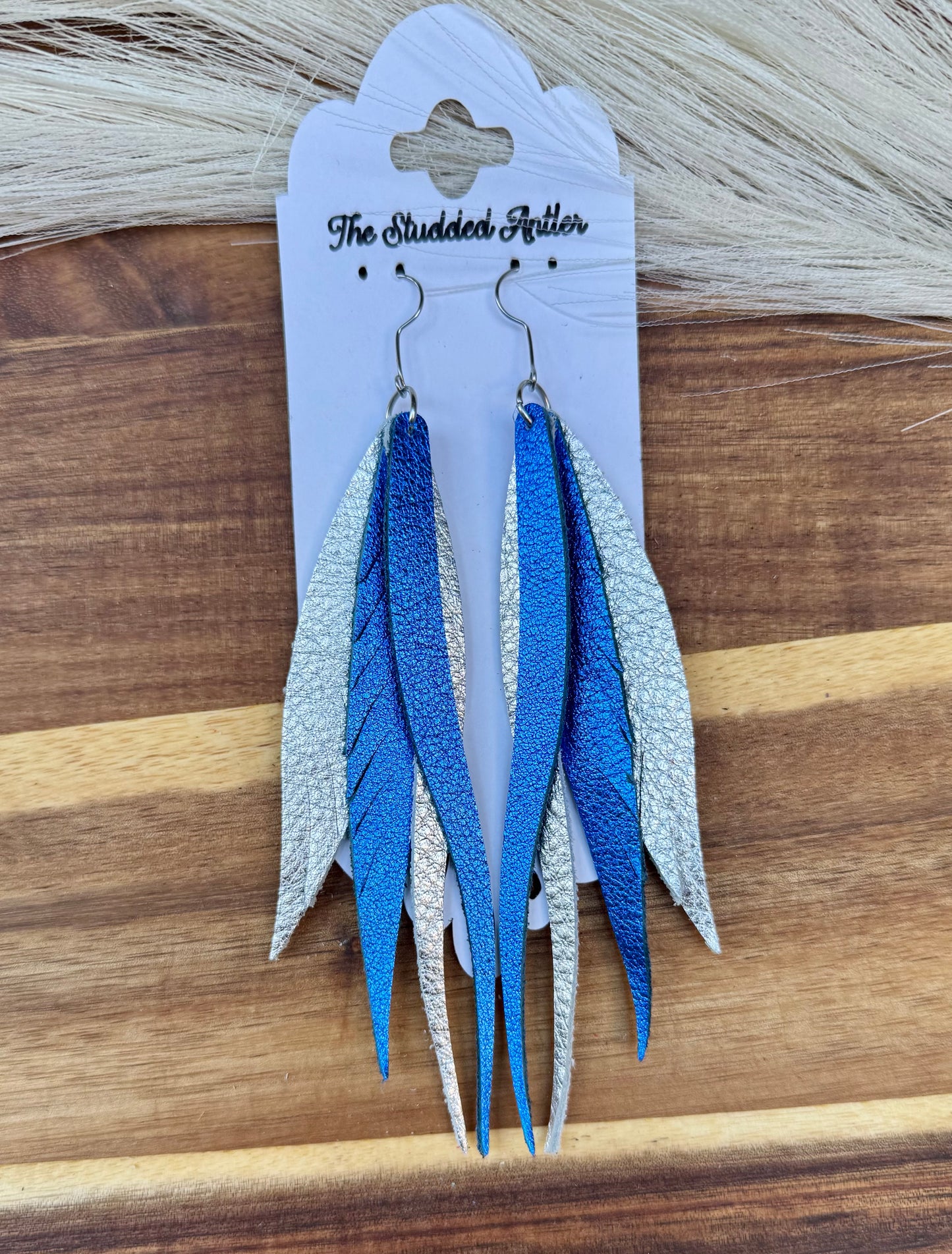 Royal Blue and Silver Handmade Hypoallergenic Leather feather Earrings