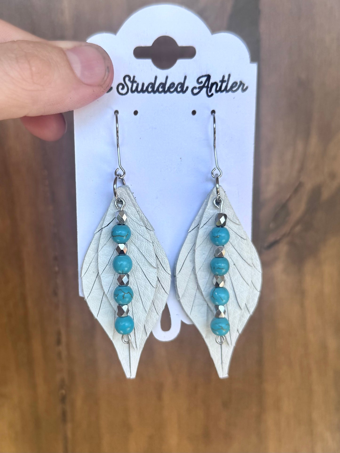 Handmade Hypoallergenic White Leather Earrings with Hand Beaded Faux Turquoise Tassels