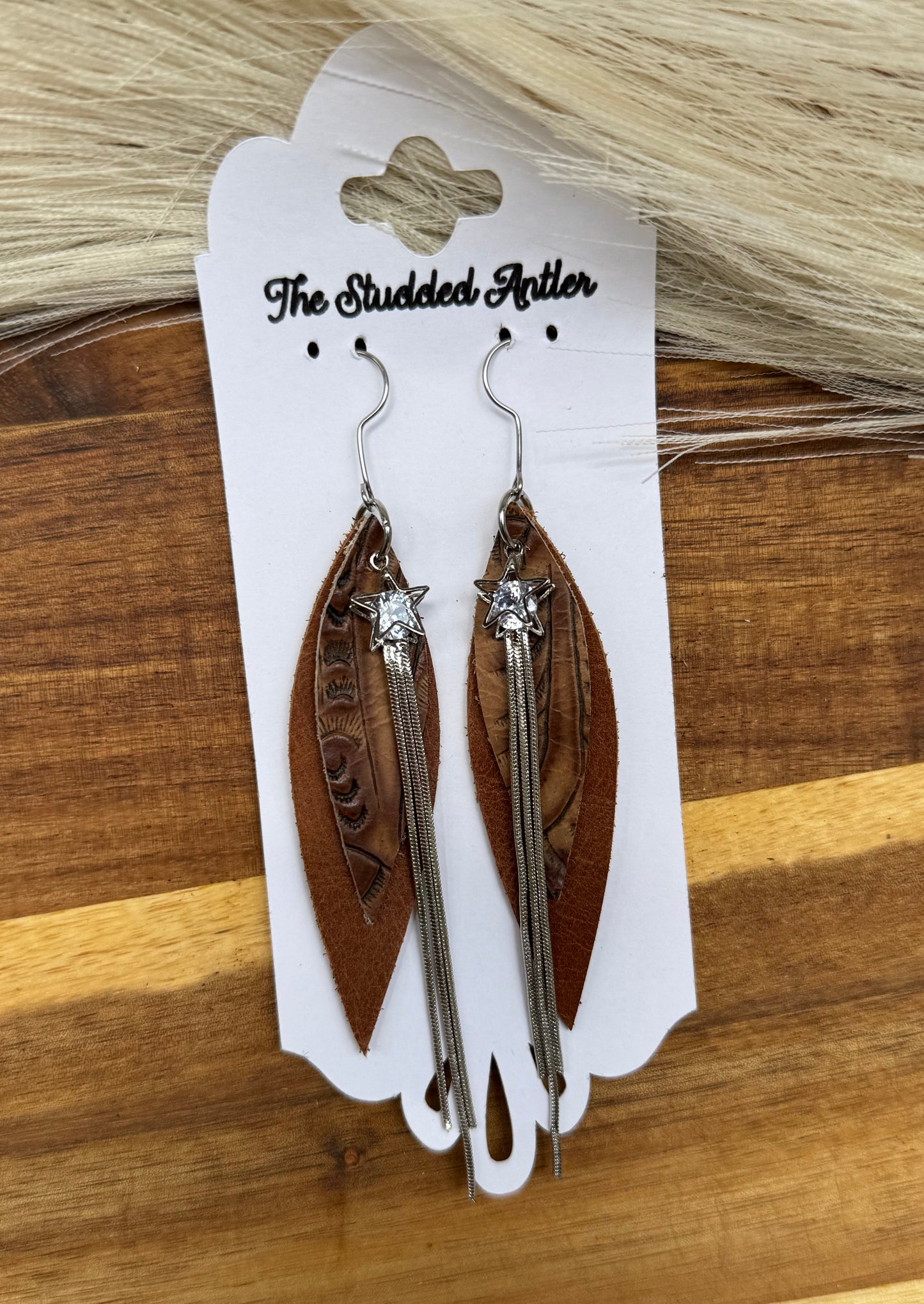 Light Brown Tooled  leather with rhinestone silver stars - Handmade Hypoallergenic Leather Earrings