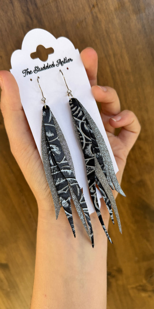 Western Style Leather Earrings - Fringe Feather Leather Earrings - Gray Silver and Black
