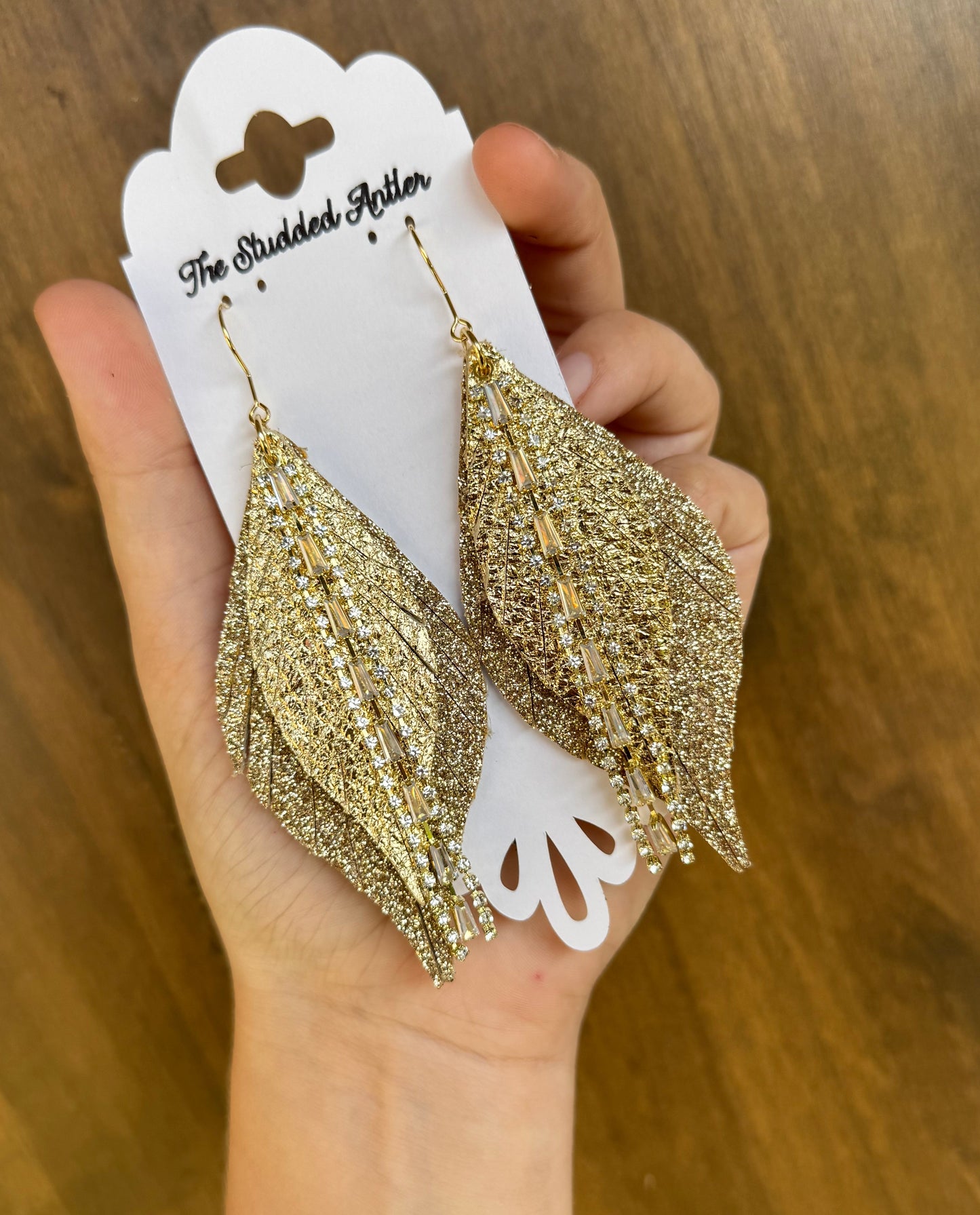 Gold Glitter leather earrings - Handmade Hypoallergenic Leather Earrings with gold rhinestone tassels
