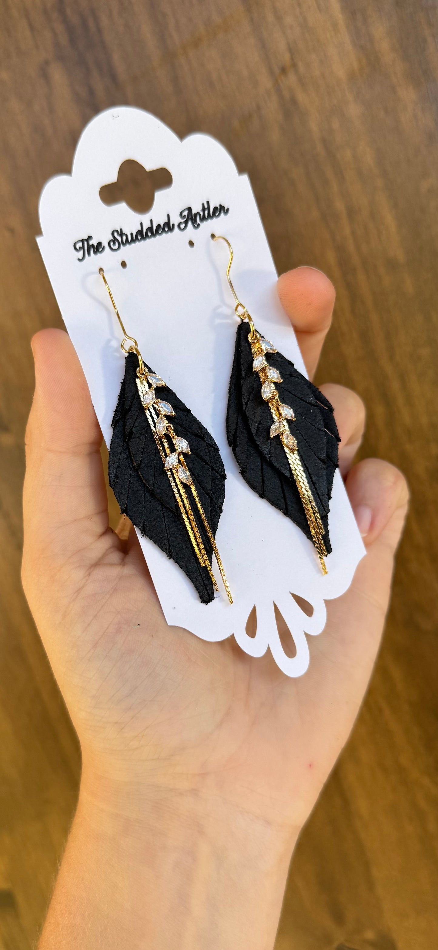 Black leather earrings with gold rhinestone and chain - Handmade Hypoallergenic Leather Earrings
