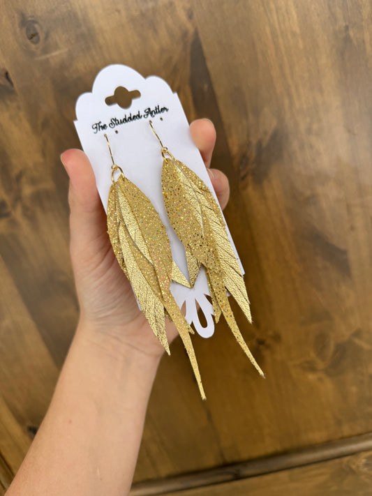 Western Style Leather Earrings - Fringe Feather Leather Earrings - Gold and Yellow