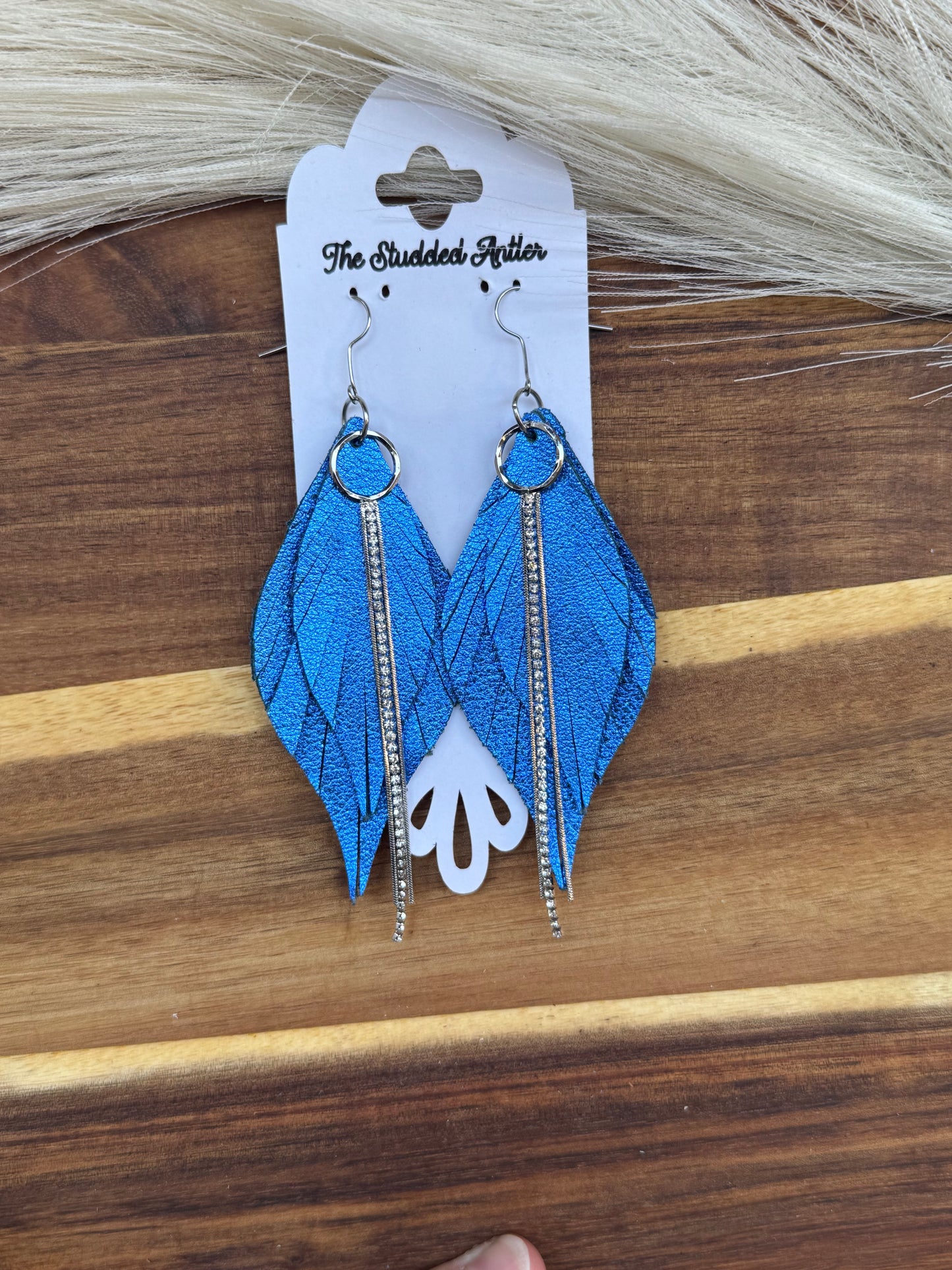 Royal blue metallic leather earrings - Handmade Hypoallergenic Leather Earrings with rhinestone tassel