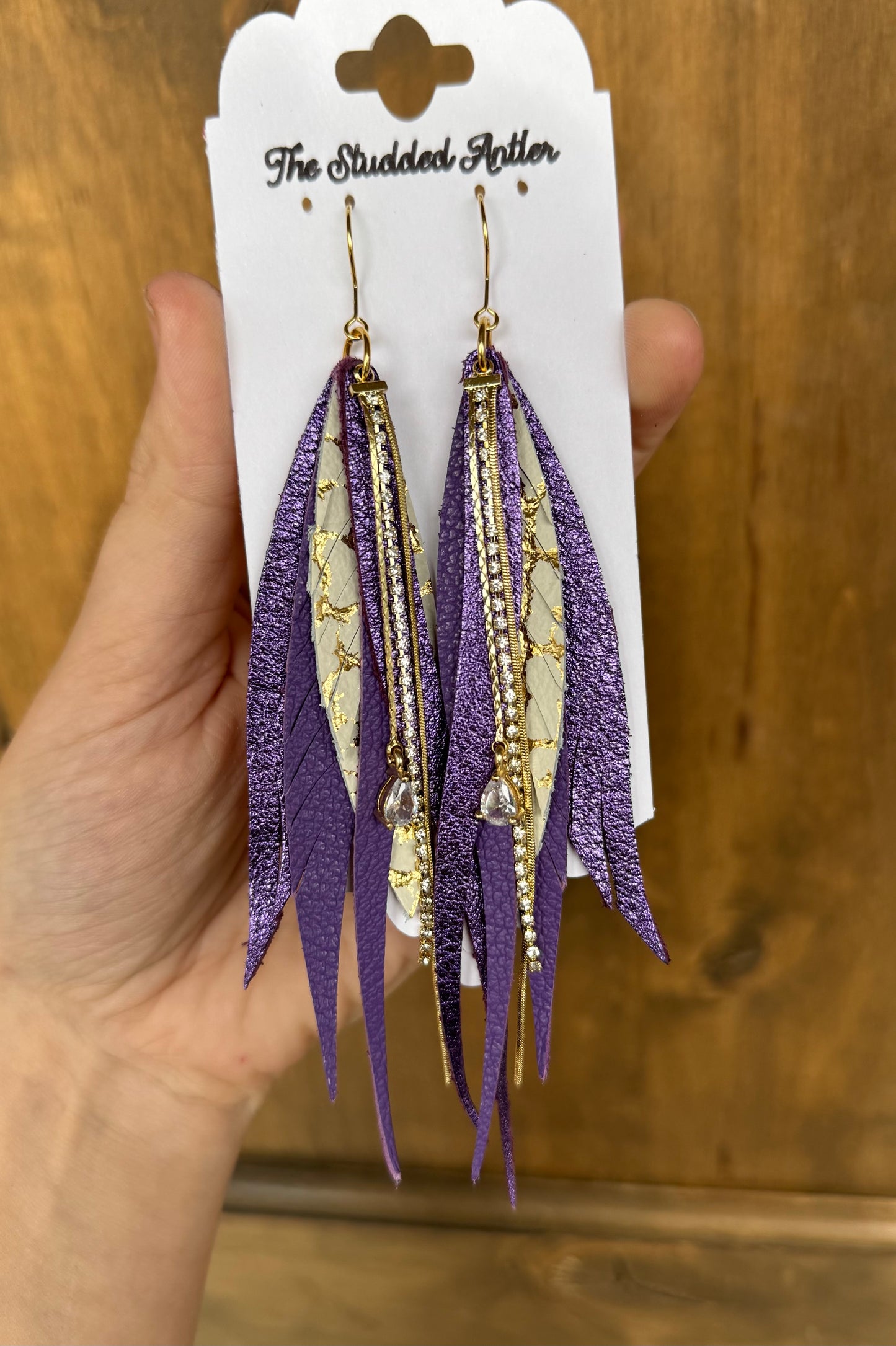 Purple and Gold Handmade Hypoallergenic Leather Earrings with Gold Rhinestone Tassels
