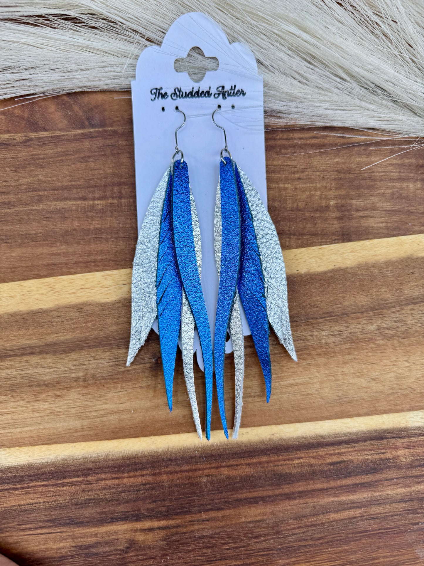 Royal Blue and Silver Handmade Hypoallergenic Leather feather Earrings