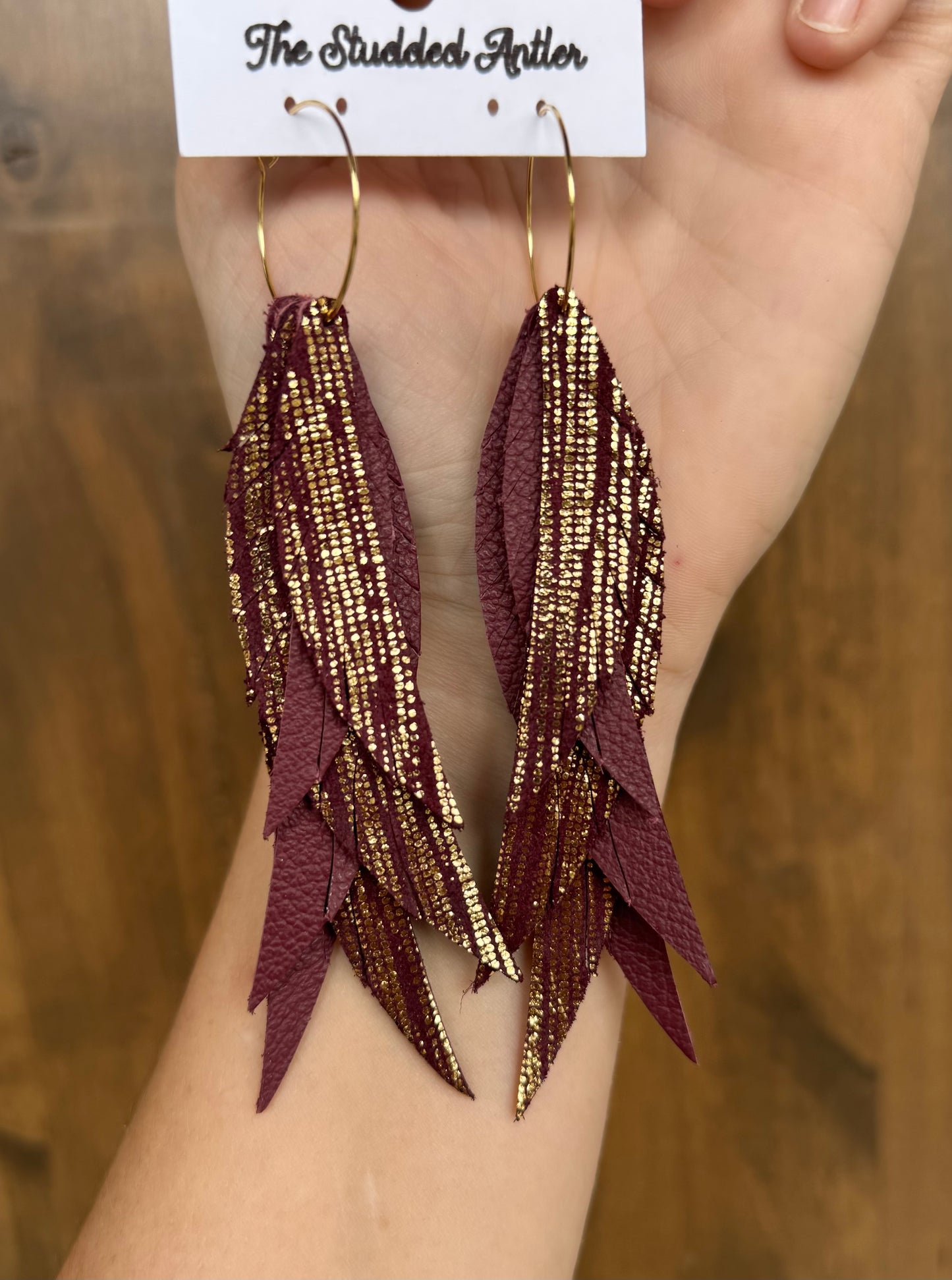 Burgundy and Gold Handmade Hypoallergenic Leather Earrings