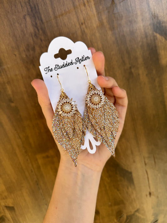 Women’s Western Style Leather Earrings - Fringe Feather Leather Earrings - Tan Sparkle