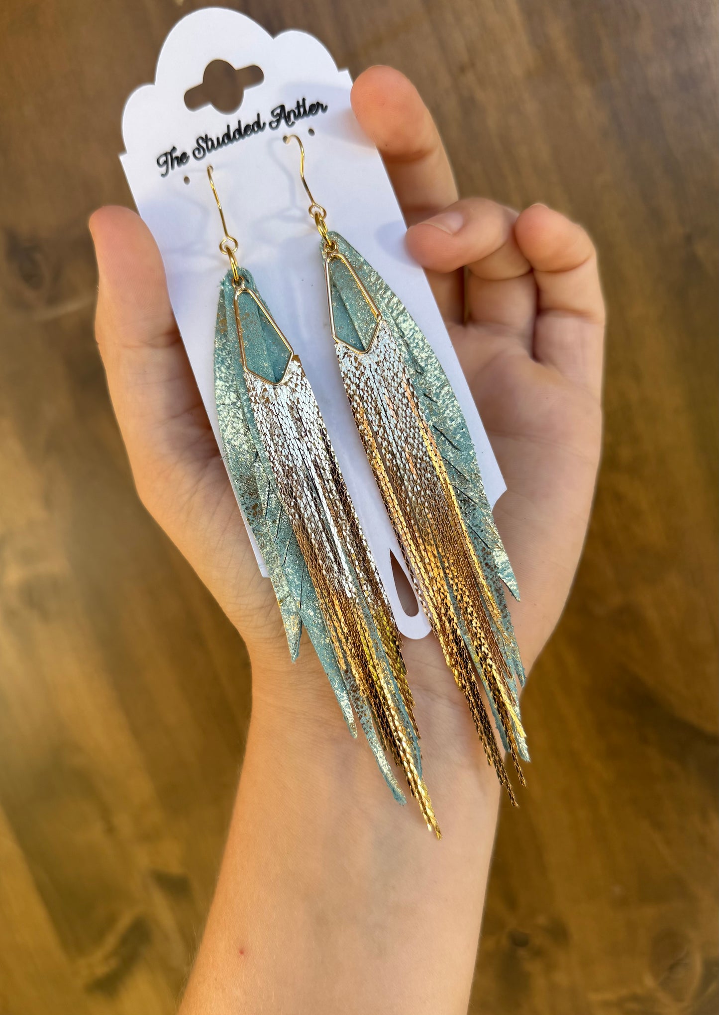 Blue and gold shimmer with gold waterfall tassels -hypoallergenic handmade leather feather Earrings