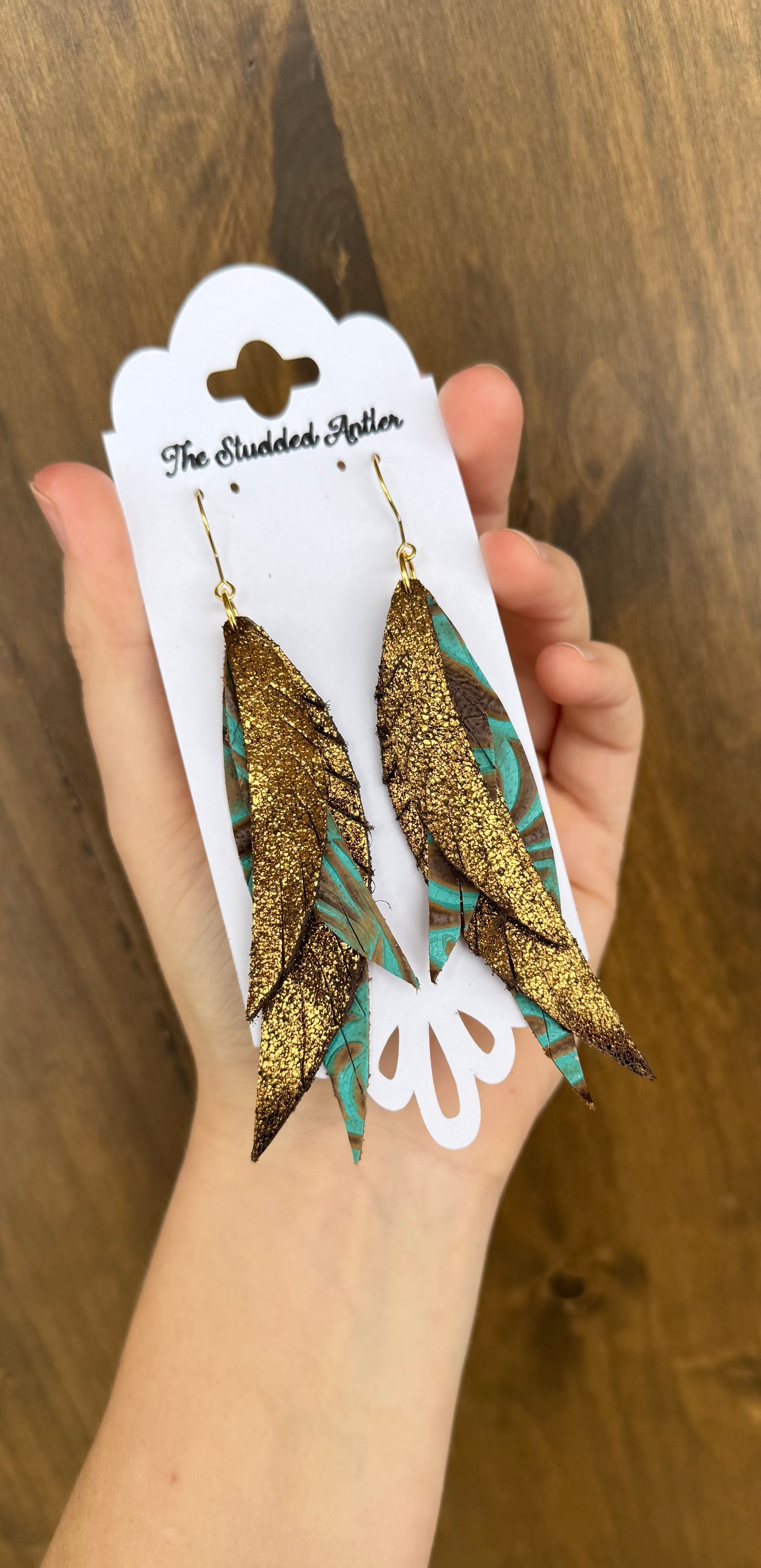 Western Style Leather Earrings - Fringe Feather Leather Earrings - Teal and Brown