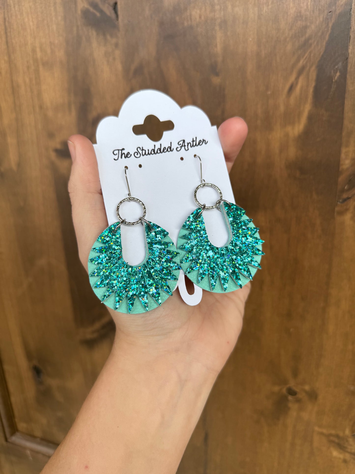 Aqua Blue Glitter Handmade Hypoallergenic Round Leather Earrings with Silver Circle Accents