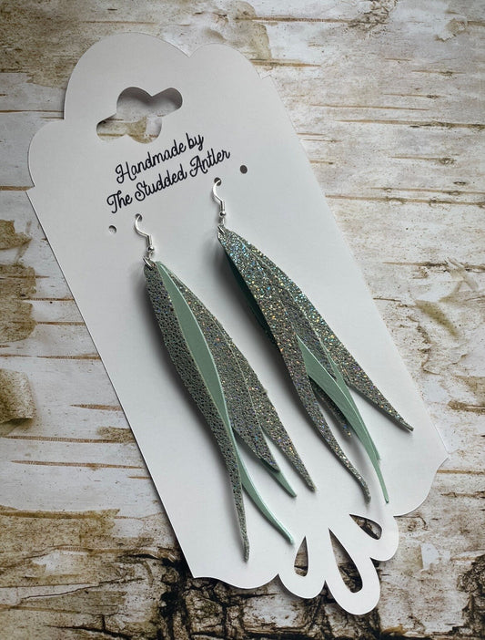 Fringe Feather Genuine Leather Earrings - Seafoam Blue Green