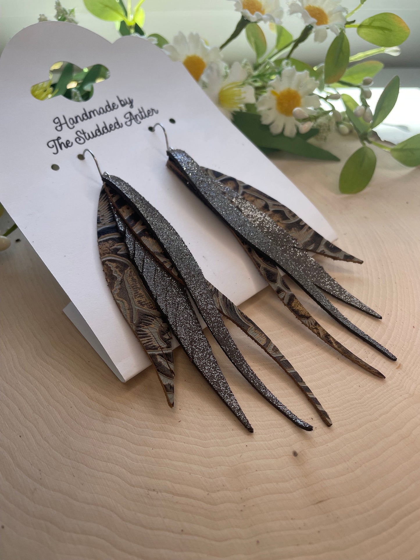 Dark Brown Tooled Genuine Leather Fringe Feather Earrings