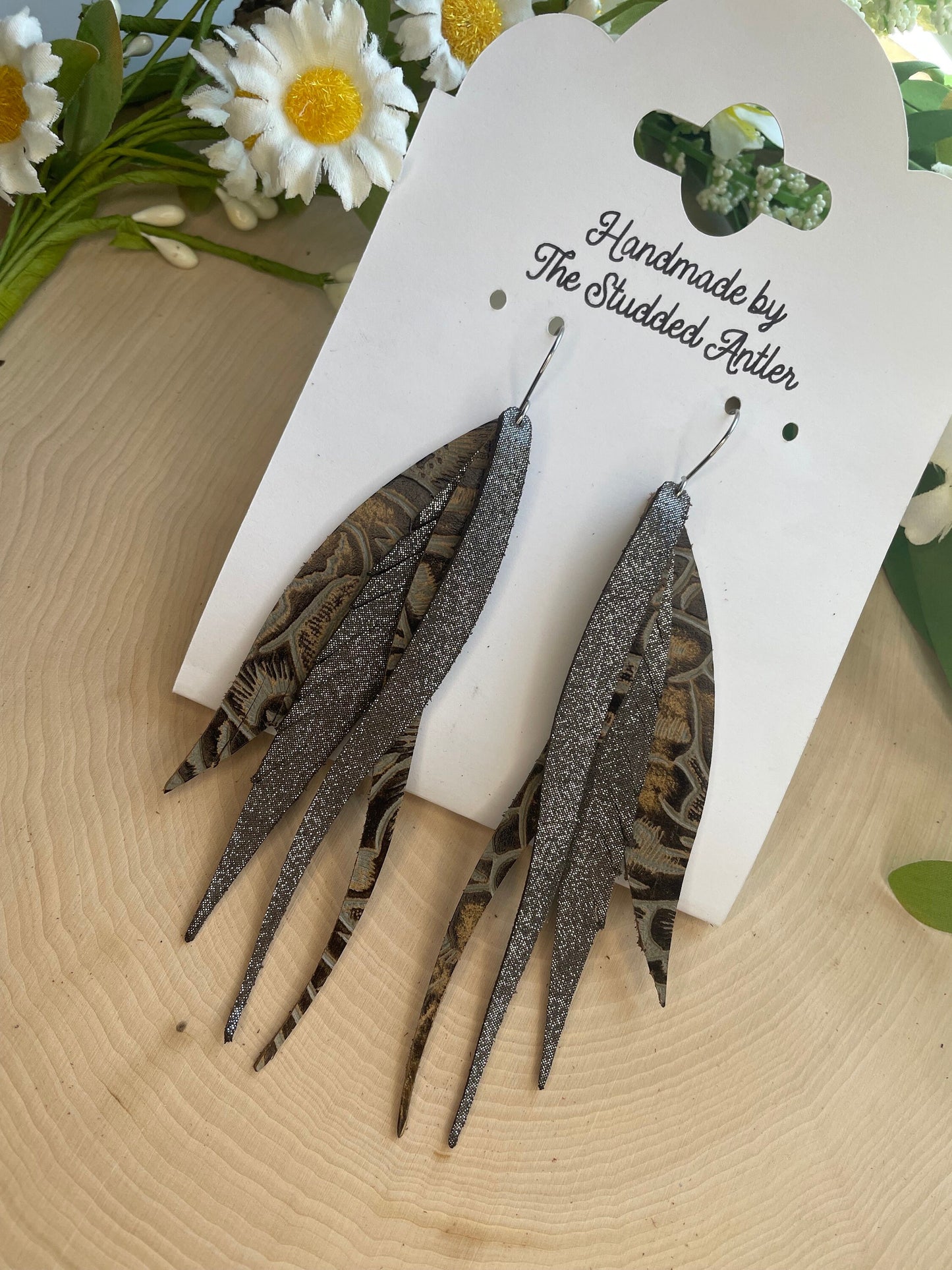 Dark Brown Tooled Genuine Leather Fringe Feather Earrings