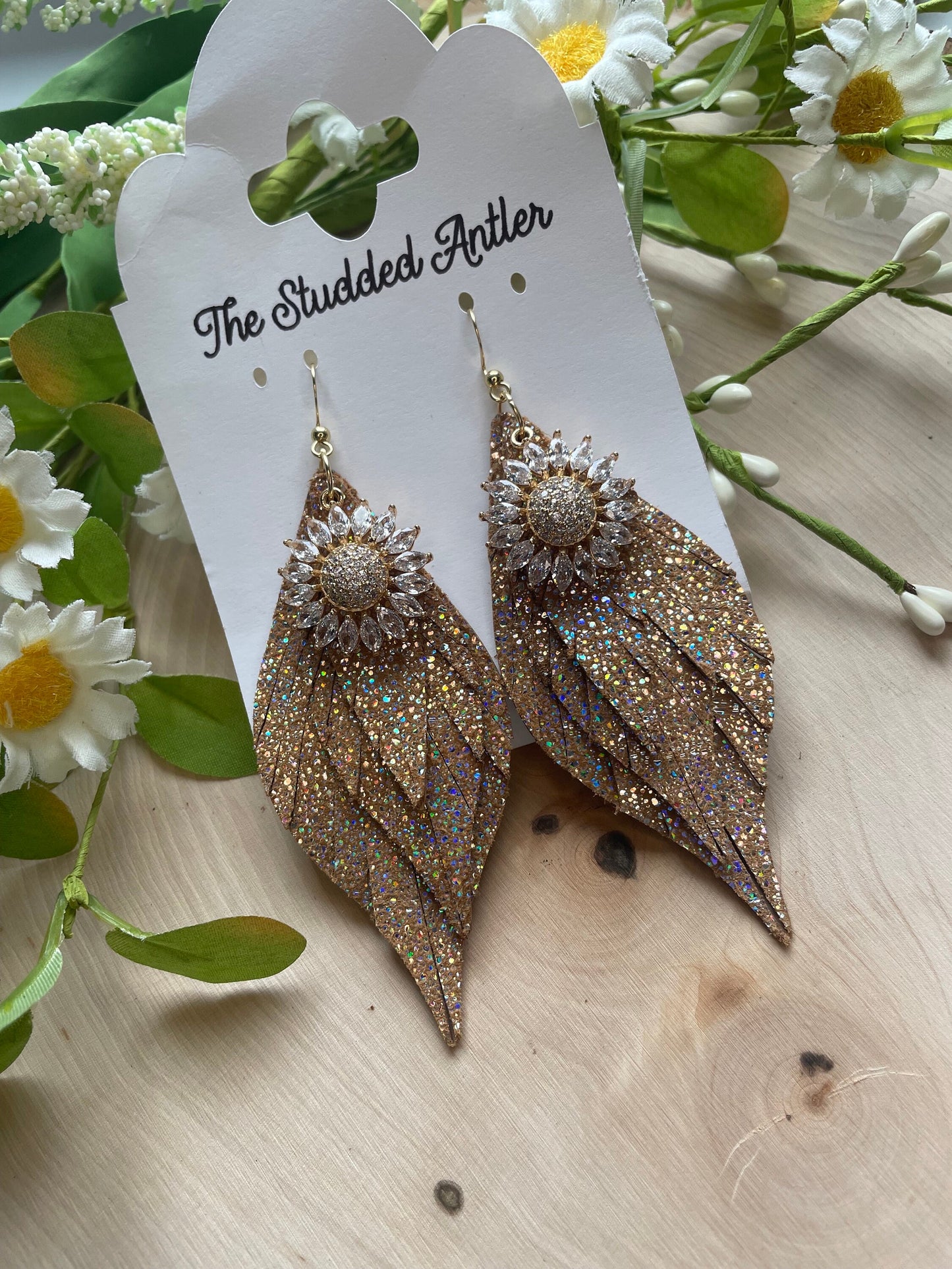 Women’s Western Style Leather Earrings - Fringe Feather Leather Earrings - Tan Sparkle