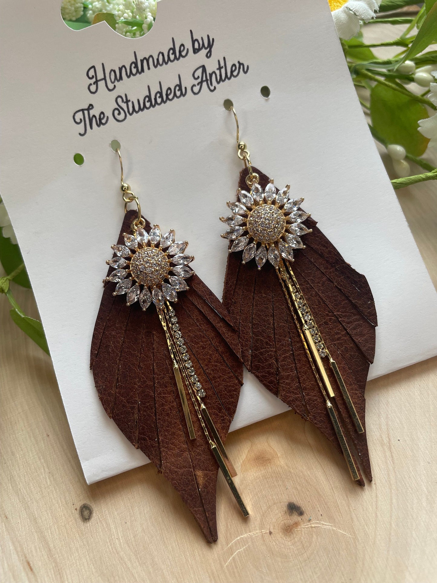 Fringe Feather Genuine Leather Earrings - Brown and Gold