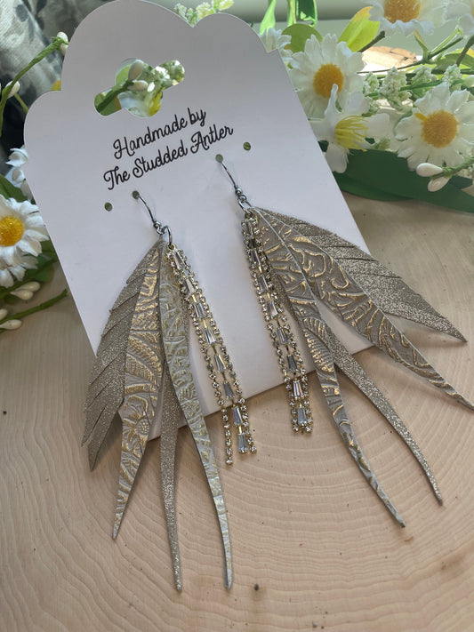 Fringe Feather Genuine Leather Earrings - Champagne and Gold