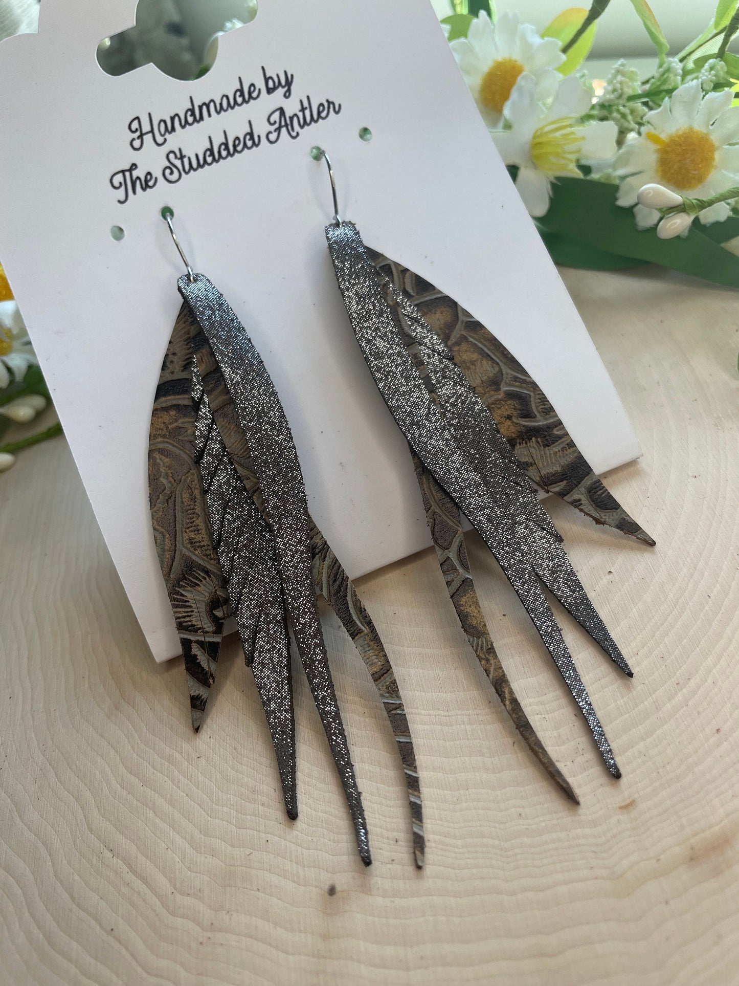 Dark Brown Tooled Genuine Leather Fringe Feather Earrings