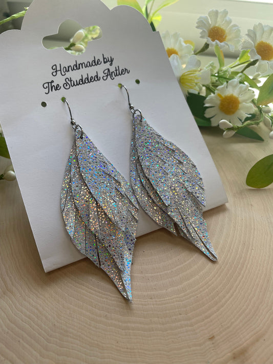 Fringe Feather Genuine Leather Earrings - White Sparkle