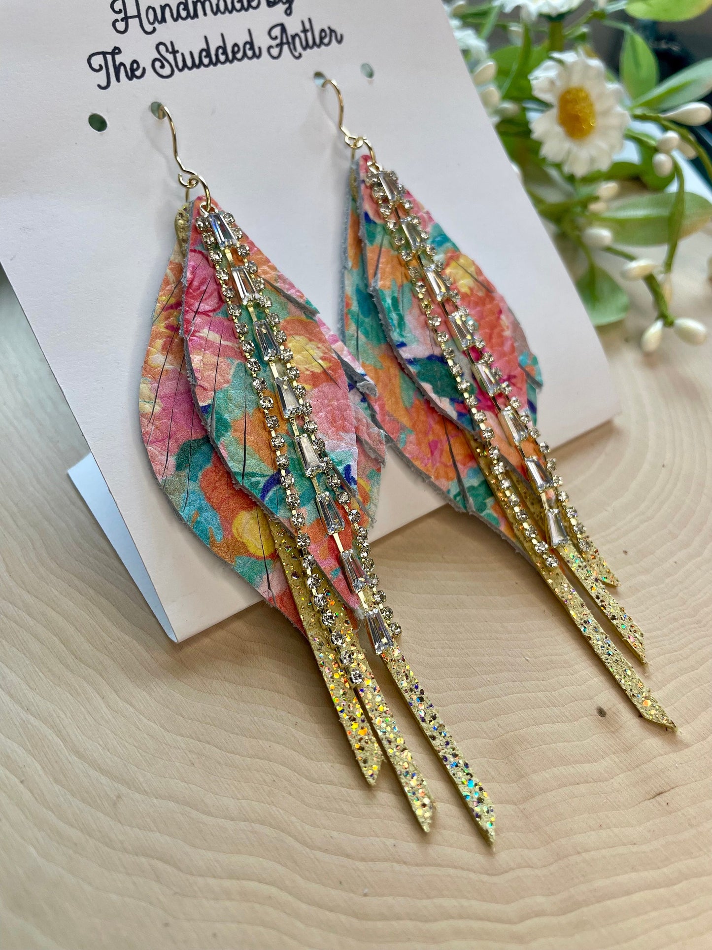 Fringe Feather Genuine Leather Earrings - Yellow and Rainbow Floral