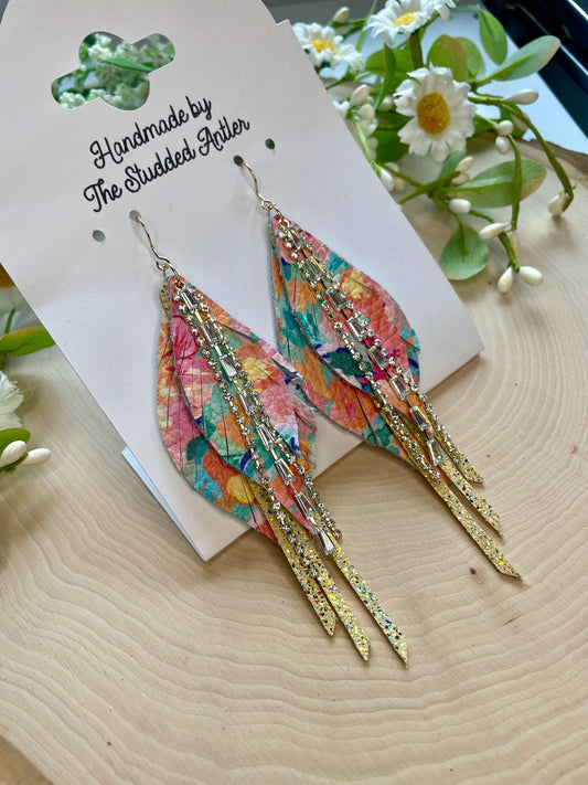 Fringe Feather Genuine Leather Earrings - Yellow and Rainbow Floral