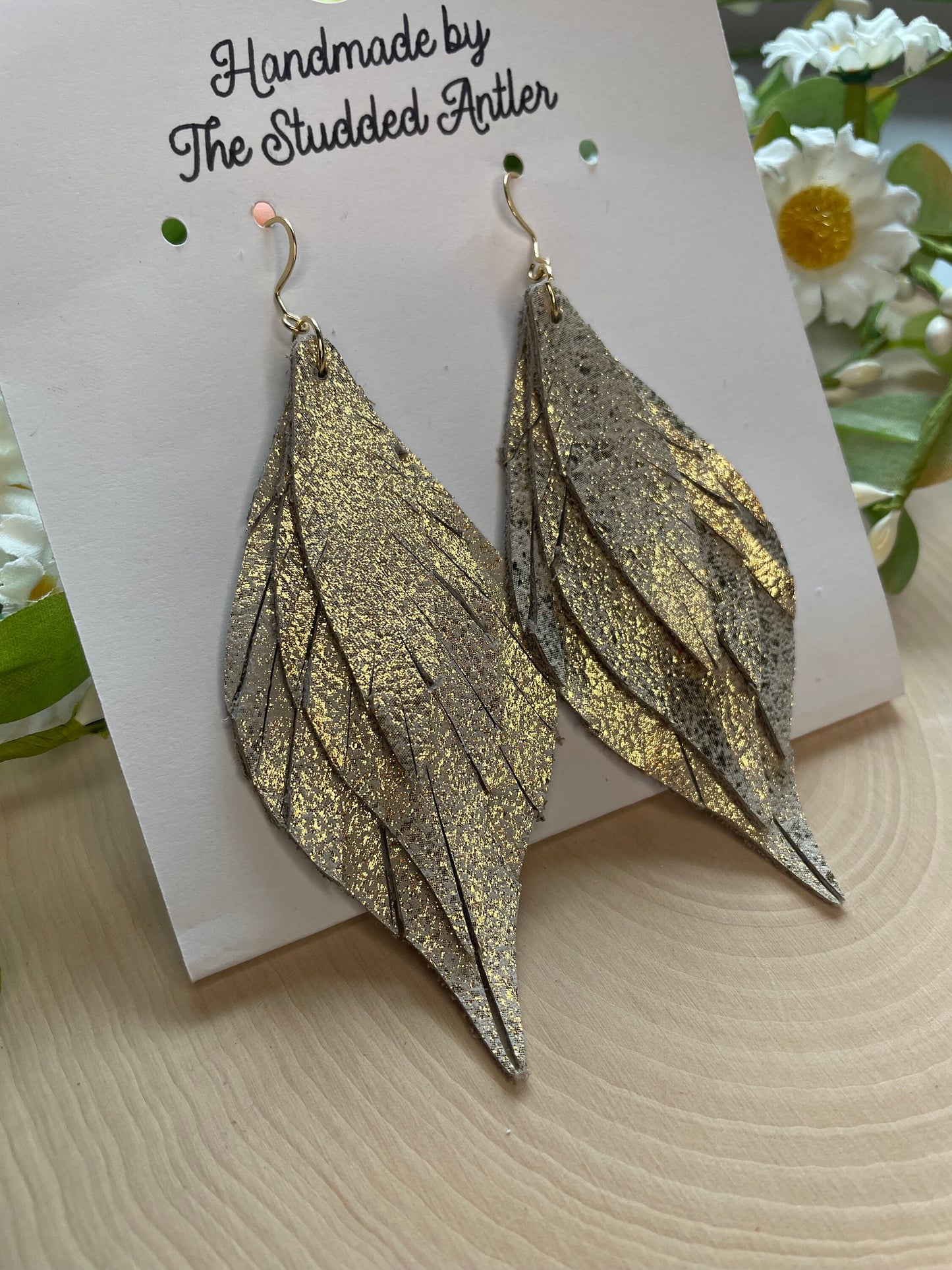 Fringe Feather Genuine Leather Earrings - Gold shimmer