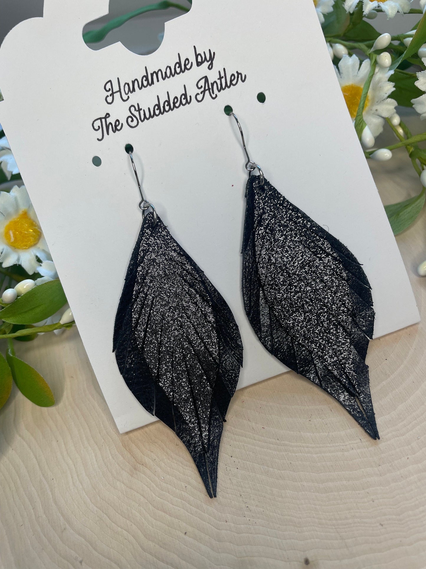 Fringe Feather Genuine Leather Earrings - Black Sparkle