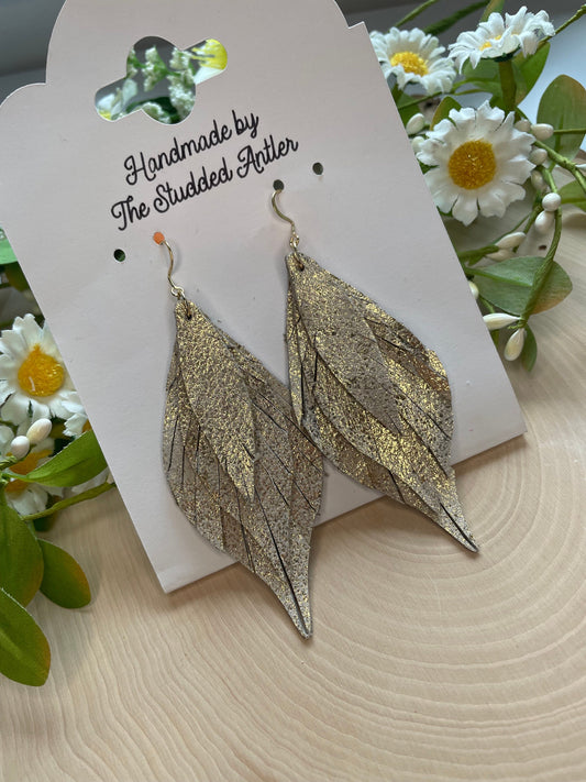 Fringe Feather Genuine Leather Earrings - Gold shimmer