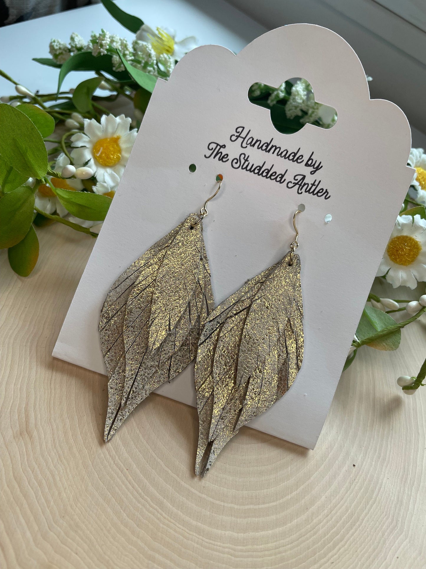 Fringe Feather Genuine Leather Earrings - Gold shimmer