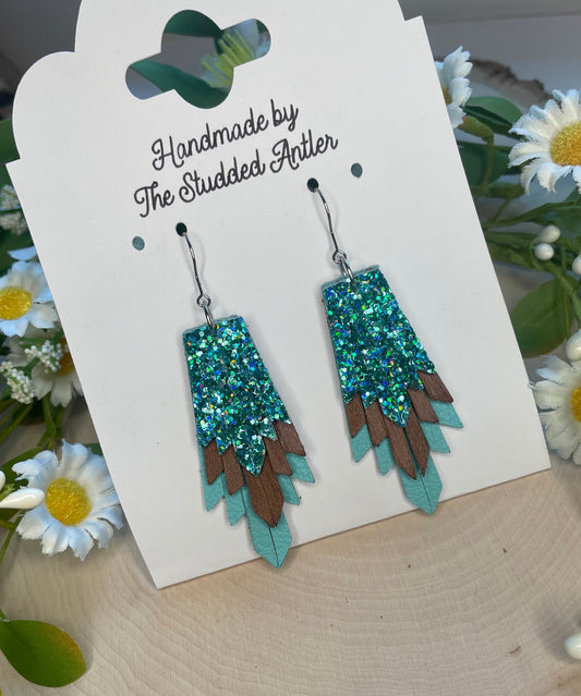 Fringe Feather Genuine Leather Earrings - Teal and Brown with Glitter