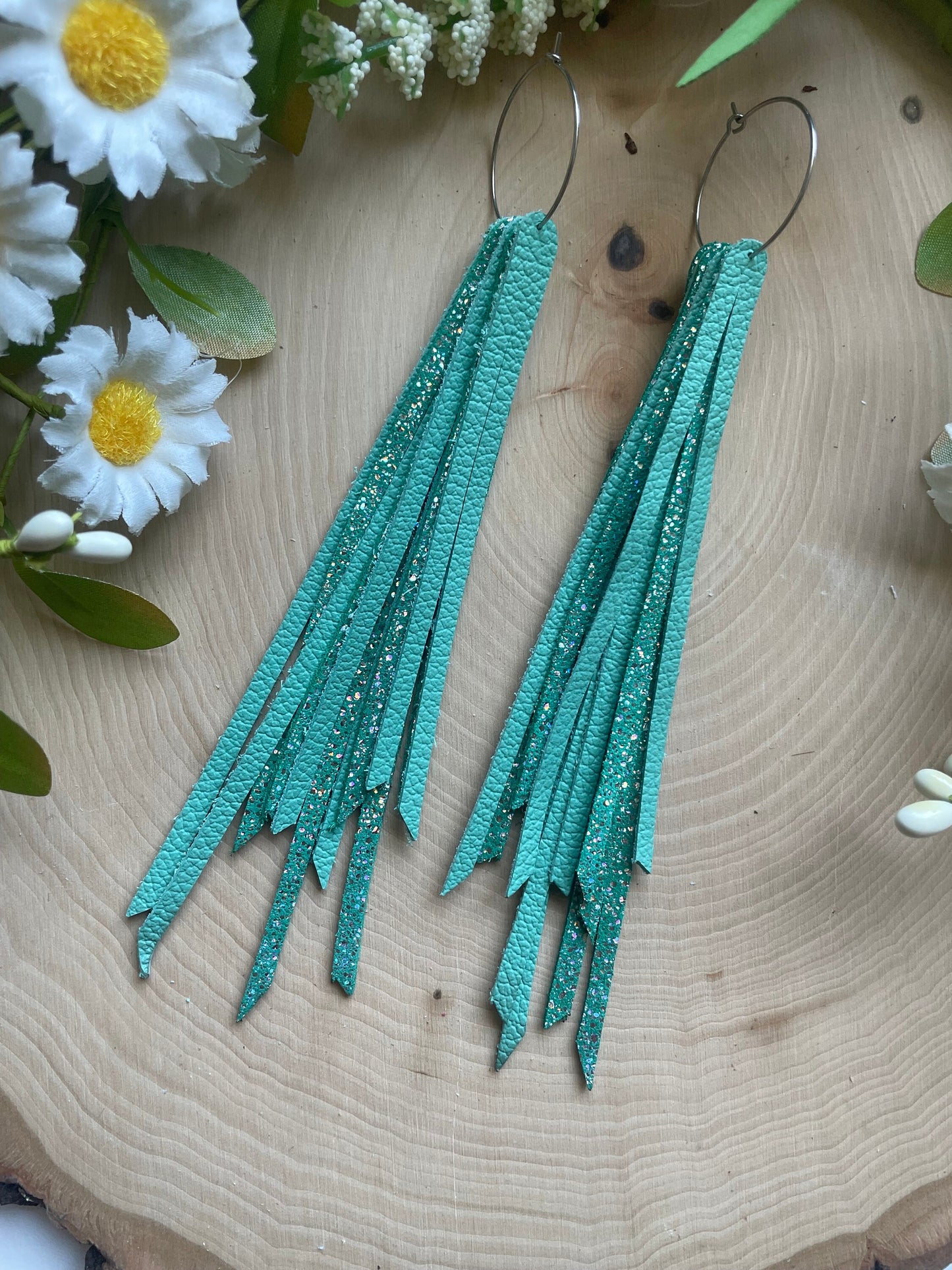 Fringed Teal Sparkle 6 layer Genuine Leather Earrings