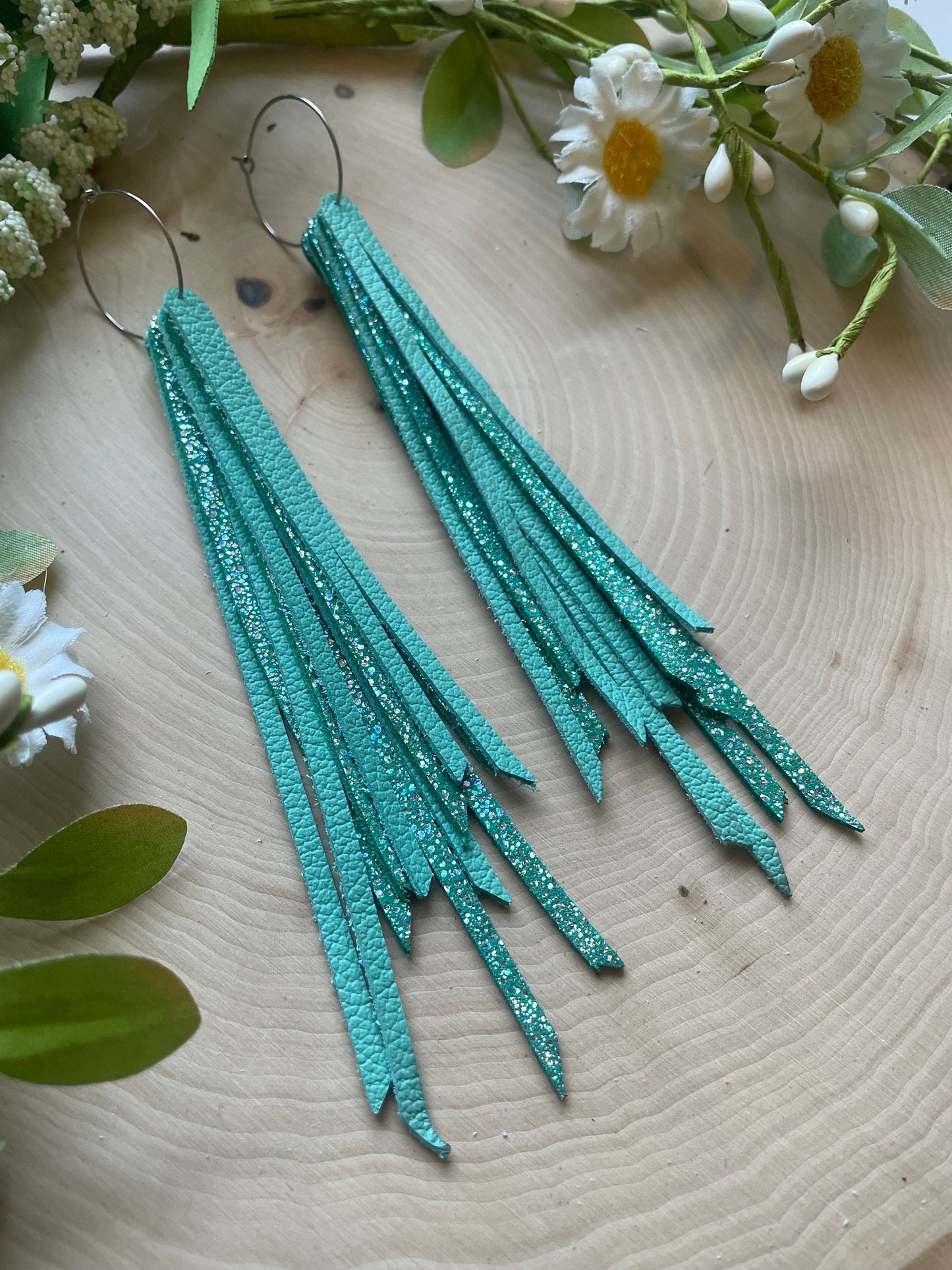 Fringed Teal Sparkle 6 layer Genuine Leather Earrings