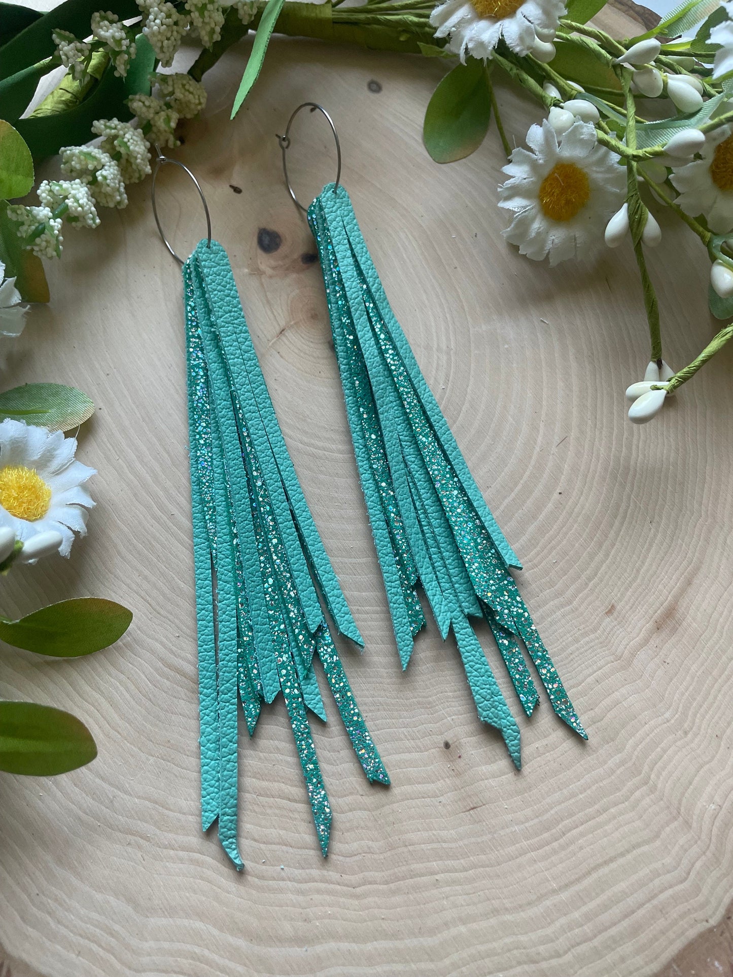 Fringed Teal Sparkle 6 layer Genuine Leather Earrings