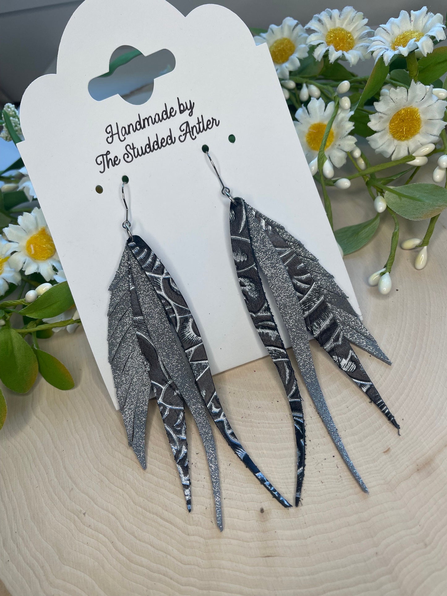 Fringe Feather Genuine Leather Earrings - Silver and Black Tooled