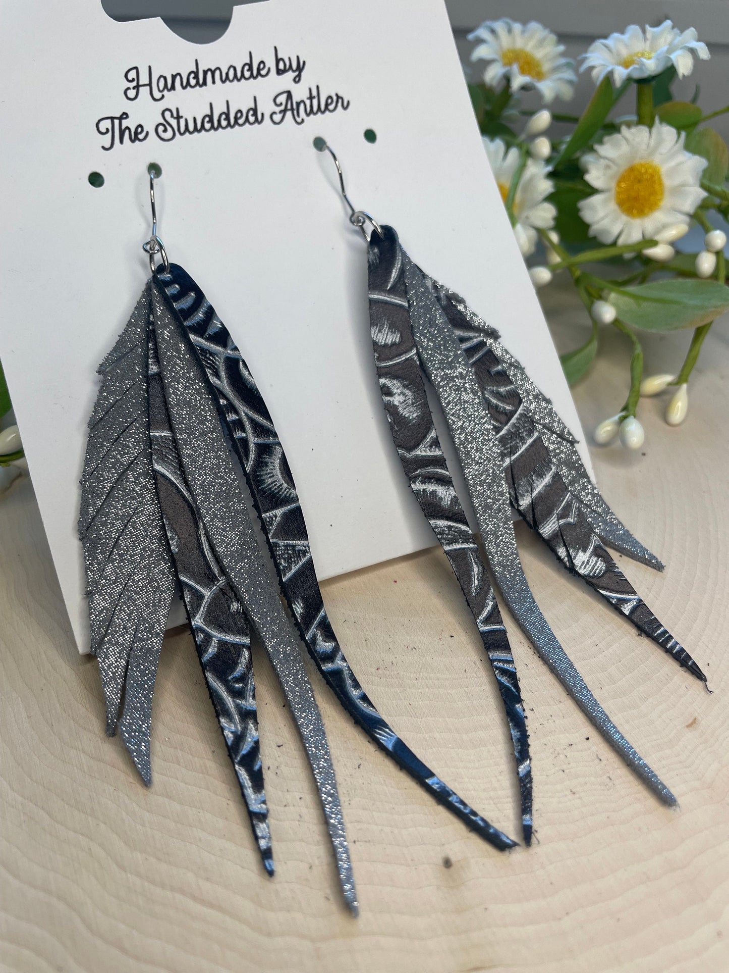 Fringe Feather Genuine Leather Earrings - Silver and Black Tooled