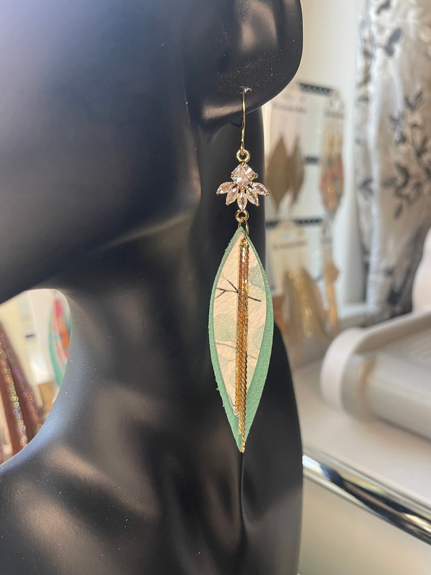 Teal and Gold Small Dangle Genuine Leather Earrings