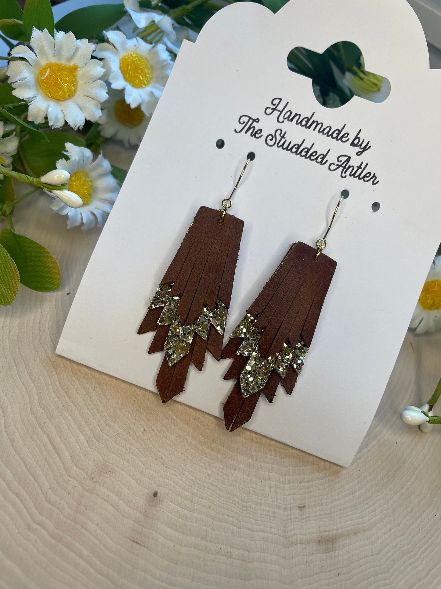 Fringe Feather Genuine Leather Earrings - Brown and Gold Glitter