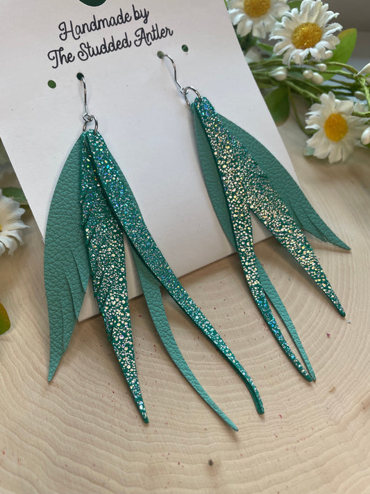 Fringe Feather Genuine Leather Earrings - Emerald Green and Teal