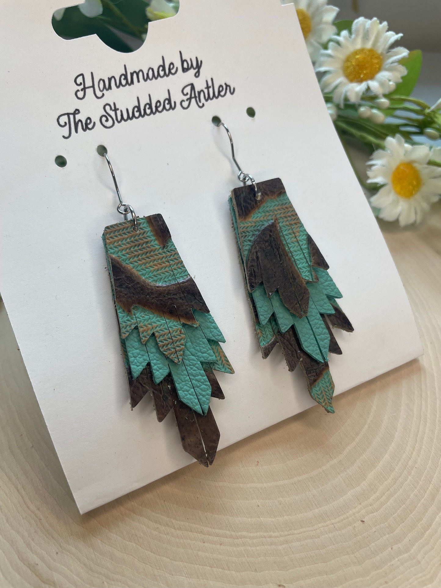 Fringe Feather Genuine Leather Earrings - Teal and Brown