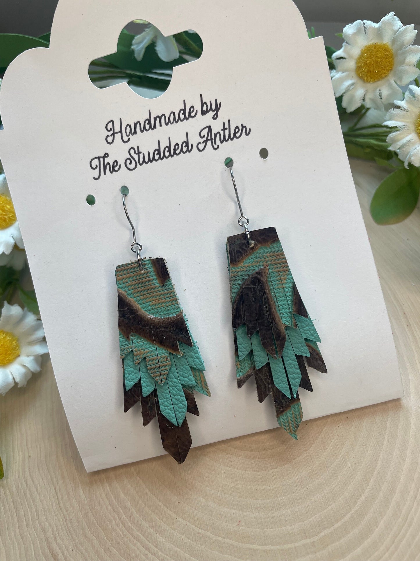 Fringe Feather Genuine Leather Earrings - Teal and Brown